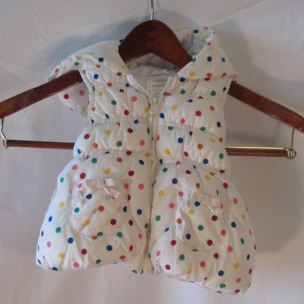 Gymboree 12-24 Mos Girls Puffy Hooded Vest White w\ Multi-Colored Pokka …